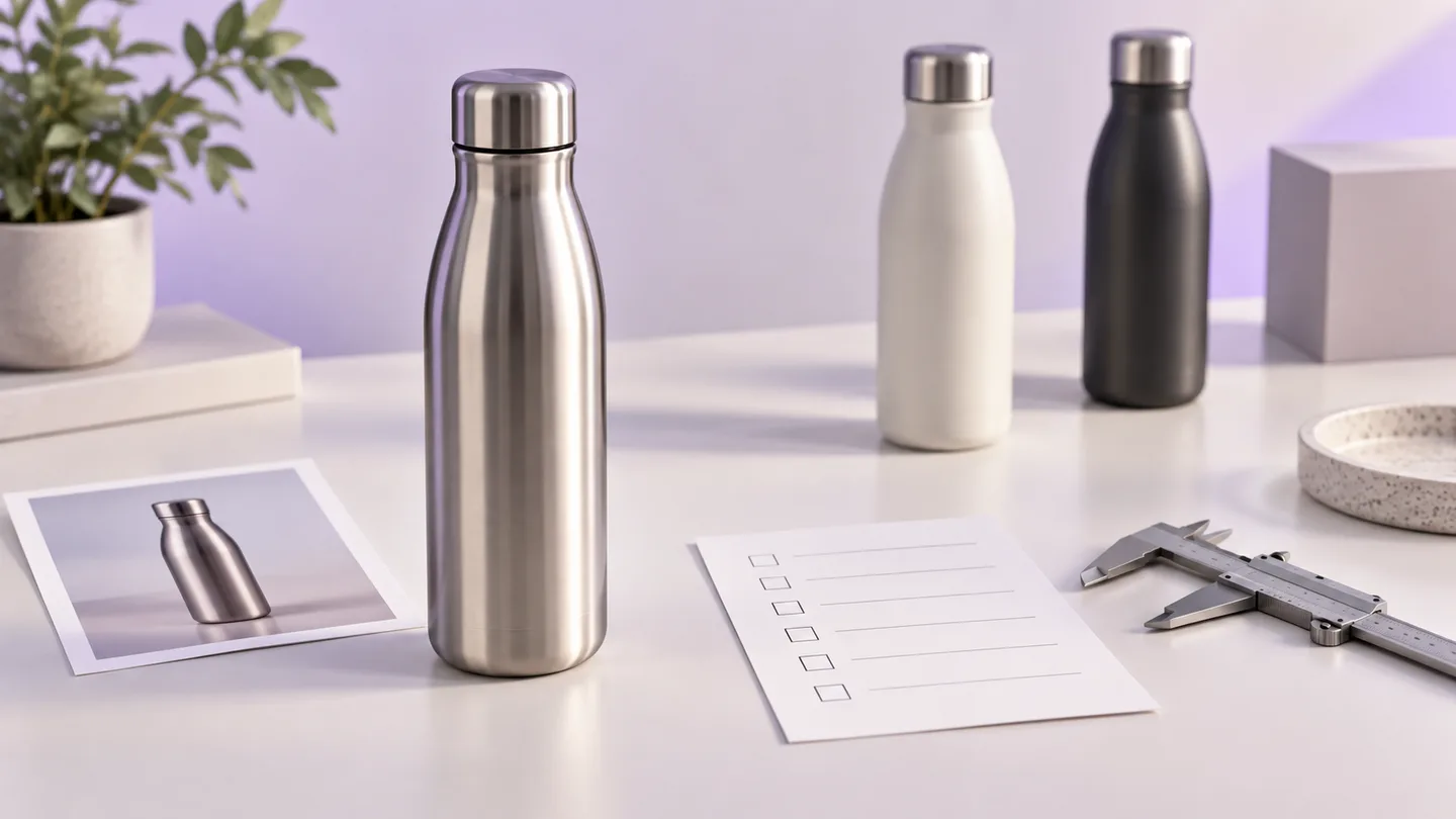 An unbranded bottle, its reference photo, alternative samples, and a blank sourcing checklist