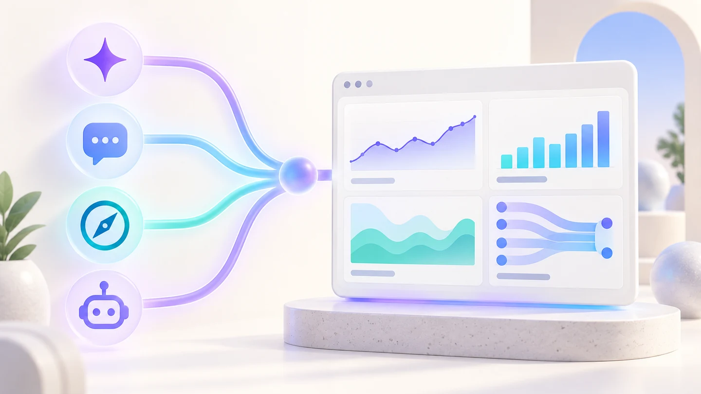 Abstract AI referral sources flowing into a neutral web analytics dashboard with engagement and conversion charts