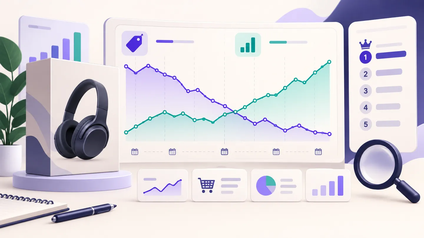 Ecommerce product dashboard comparing price history with BSR trend lines over time