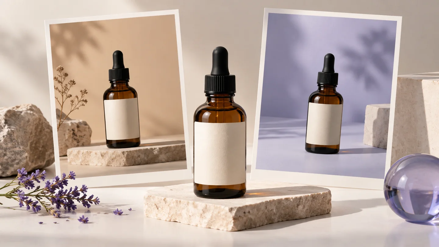 An unbranded amber skincare bottle shown with two alternate studio backgrounds while keeping its form consistent