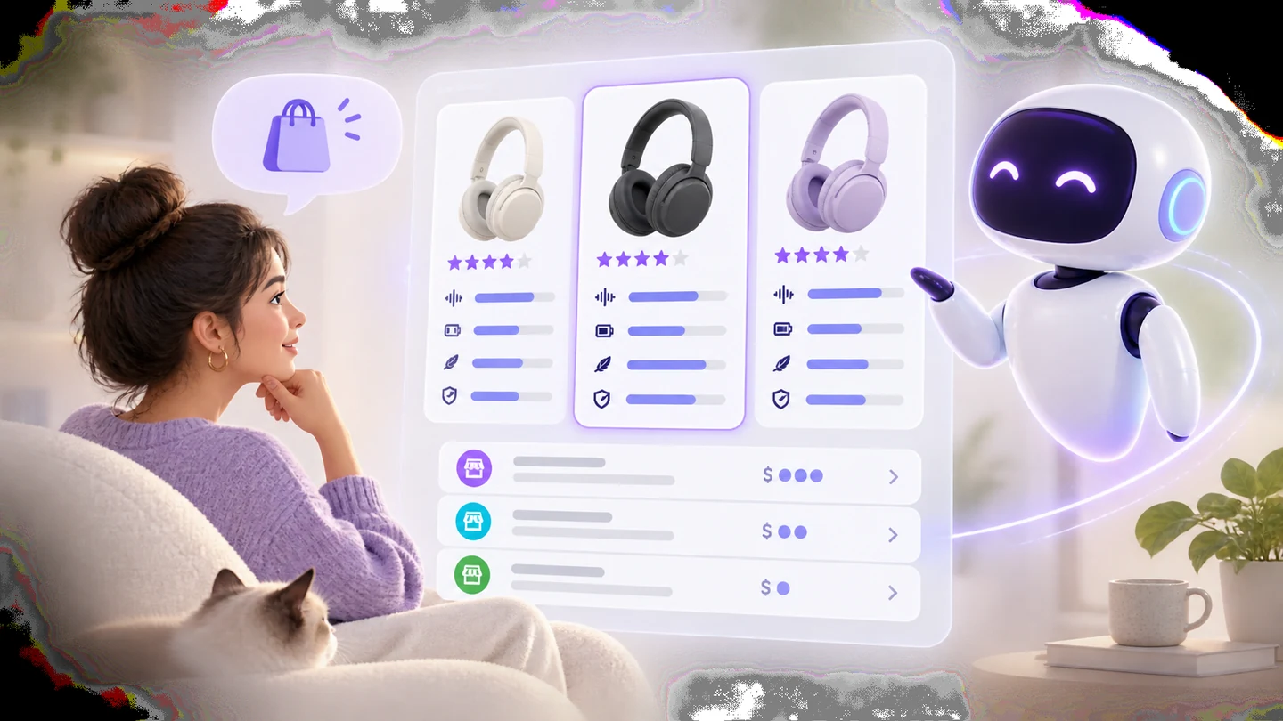 A shopper comparing product attributes, reviews, and merchant options with a generic conversational assistant