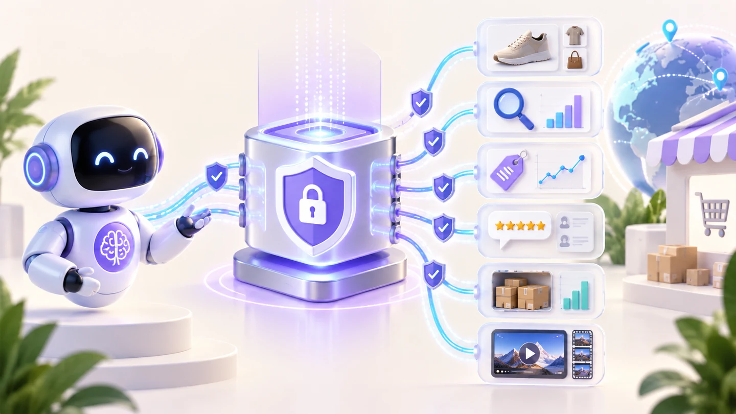 A secure MCP gateway connecting an AI agent to ecommerce product, keyword, price, review, inventory, and media tools