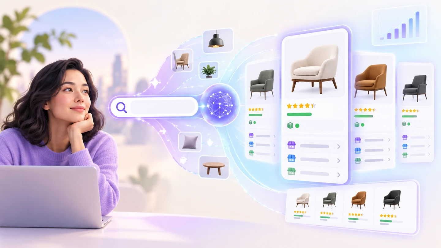 A shopper using an AI-powered search journey to compare products, merchants, ratings, prices, and availability