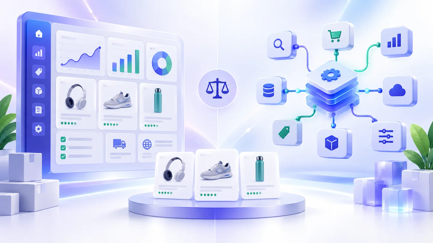 Amazon seller workspace contrasted with a modular ecommerce API and AI-agent workflow