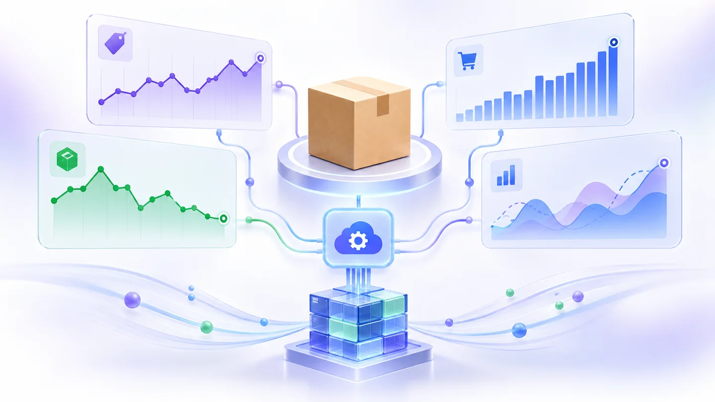 Ecommerce product surrounded by price, sales-rank, seller-count, and market movement timelines