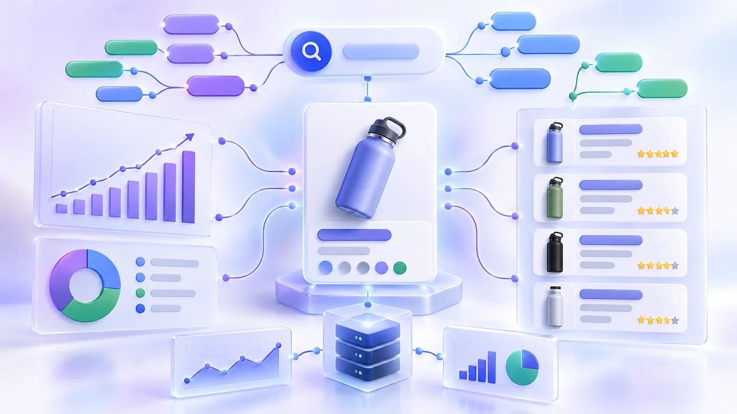 Product identifier connected to a network of Amazon keywords, ranking signals, competitors, and an API endpoint